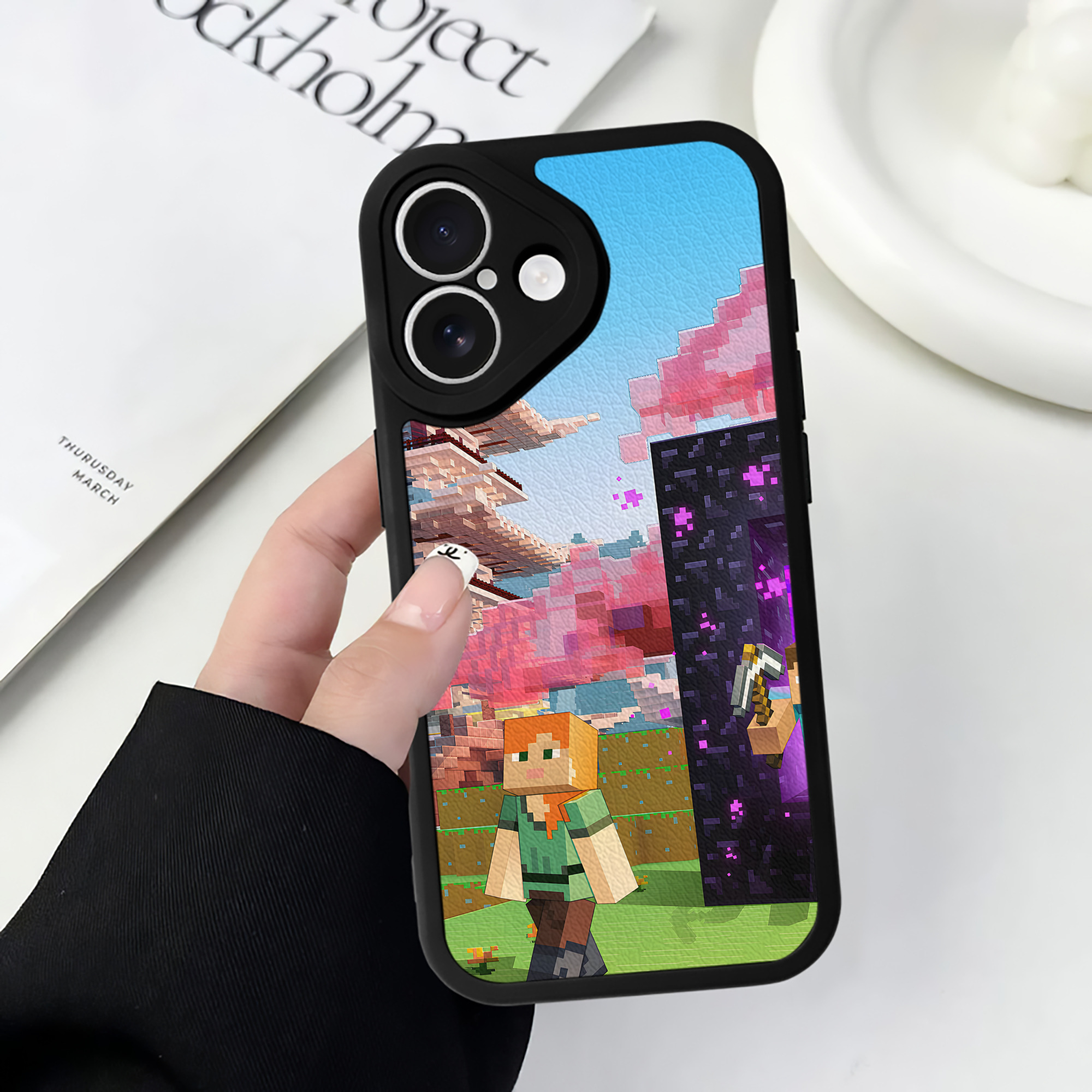 （画像用） マインクラフト ブロックの世界 Minecraft MC Block world 【iPhone 16シリーズ対応】シリコンスマホケース（レザー調） 材質：シリコン